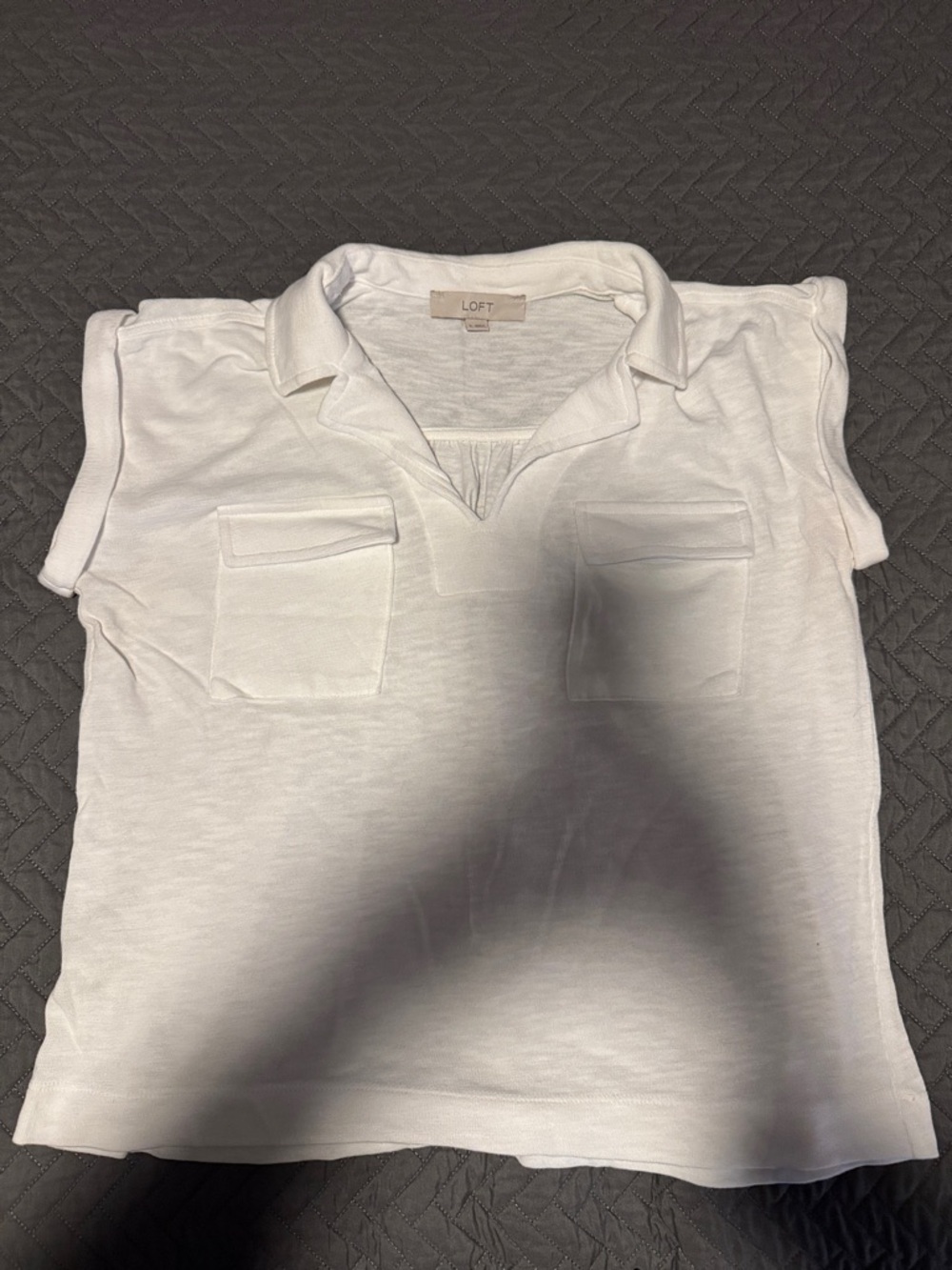 LOFT White Short-Sleeve Collared Pocket Top